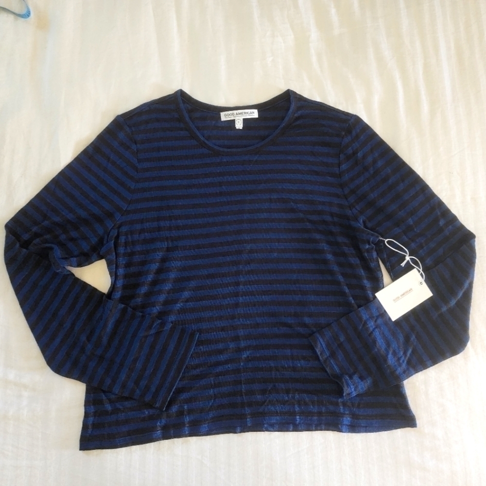 NWT Good American linen striped scoop neck long sleeve shirt size 3/Large